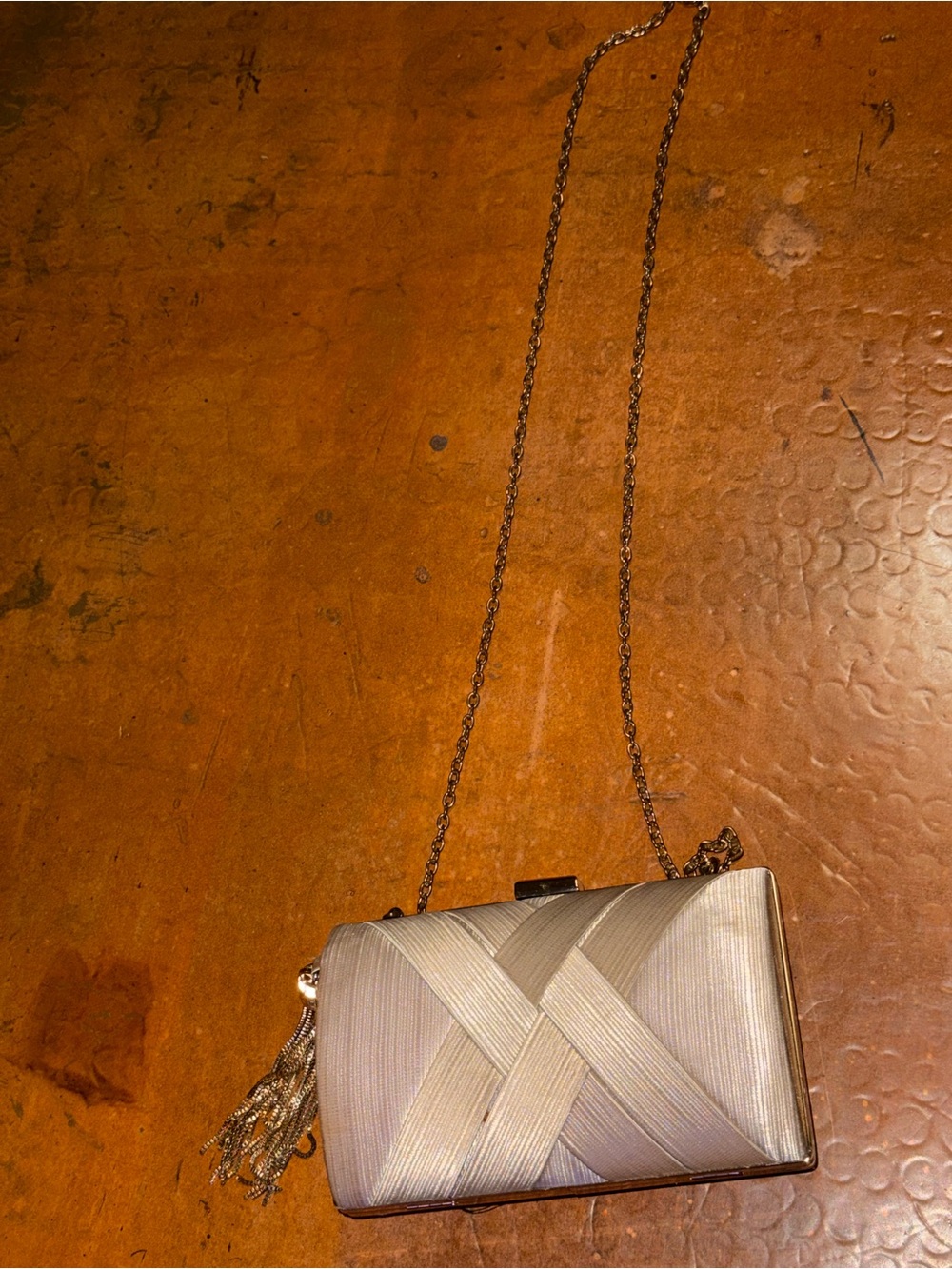 Silver Woven Satin Evening Clutch with Chain Strap